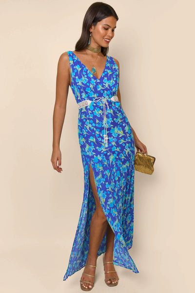 Moniq Slit Dress - Floral Cobalt