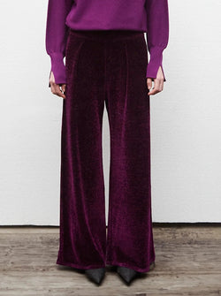 High Waisted Fluid Velvet Knit Pants - Royal Purple