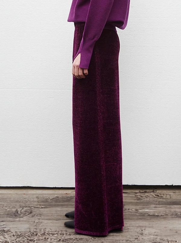High Waisted Fluid Velvet Knit Pants - Royal Purple