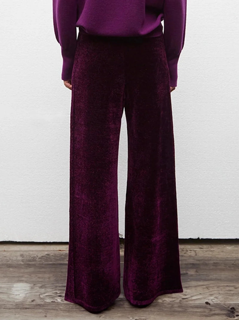 High Waisted Fluid Velvet Knit Pants - Royal Purple
