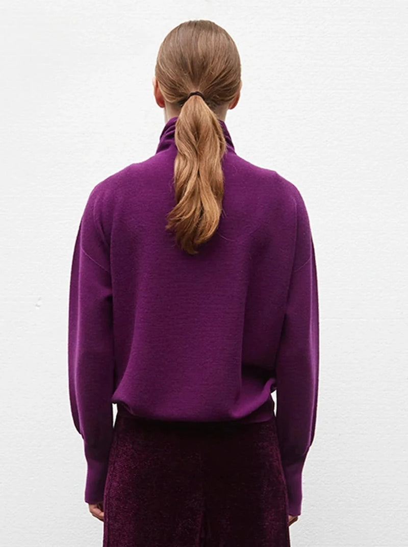 Oversize High Collar Fine Knit Top - Royal Purple