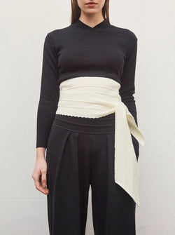 Belted Waist Knit Top - Black/Natural