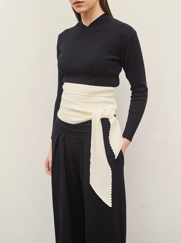 Belted Waist Knit Top - Black/Natural