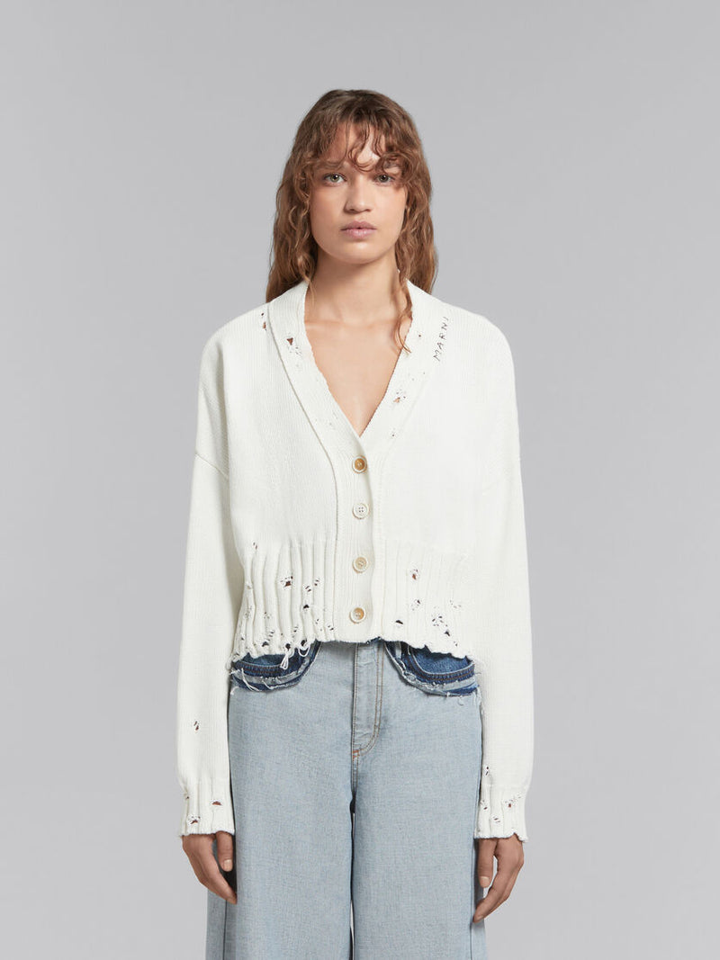 Cropped Cotton V-Neck Cardigan -  Lily White