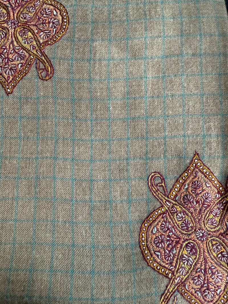 All Over Embroidered Cashmere Scarf - Grey Check