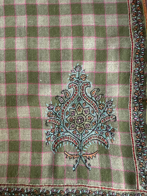 Large Embroidered Scarf - Beige/Khaki Check
