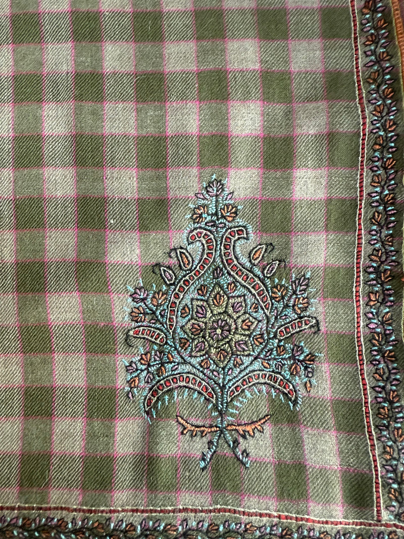 Large Embroidered Scarf - Beige/Khaki Check