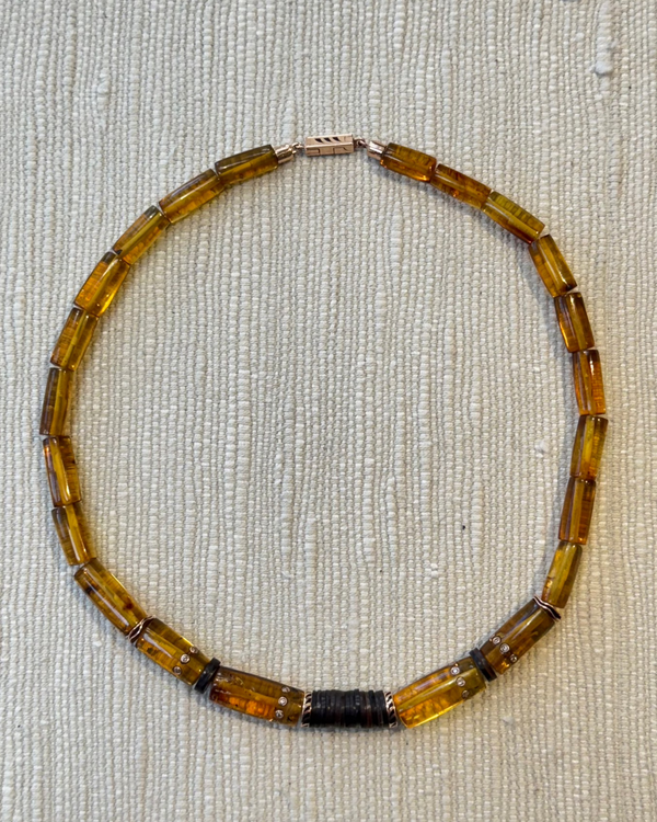 Amber Puka Necklace with Diamonds