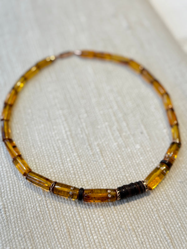 Amber Puka Necklace with Diamonds