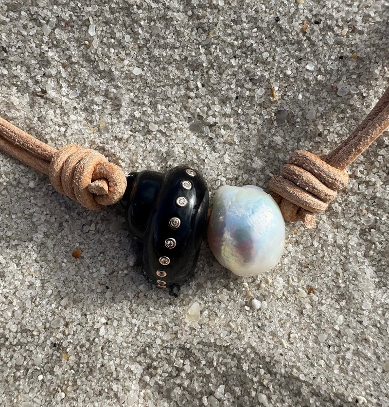 Carved Onyx Turbo Shell Bead with Diamonds