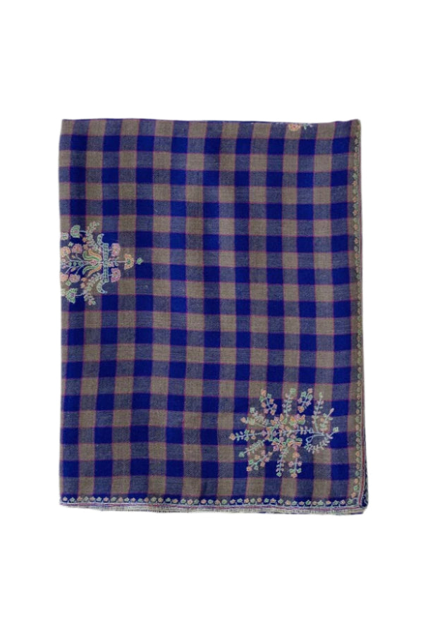 Paisley Embroidered Scarf - Royal/Beige Check