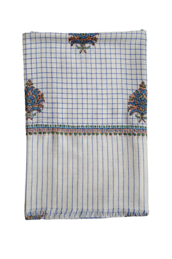 Paisley Embroidered Scarf - Ivory/Blue Check