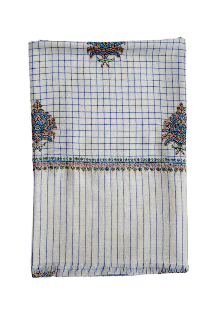 Paisley Embroidered Scarf - Ivory/Blue Check