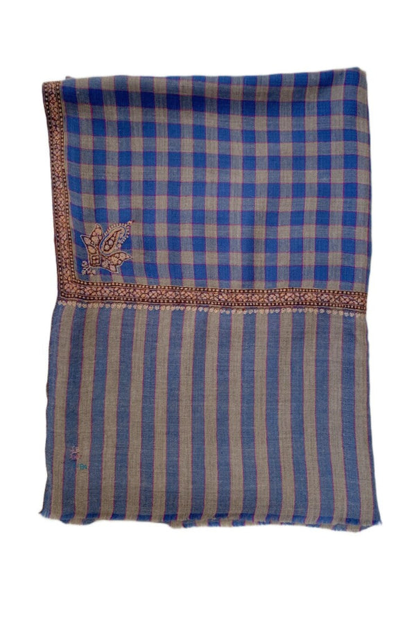 Cashmere Border Paisley Scarf - Blue Checks and Stripes