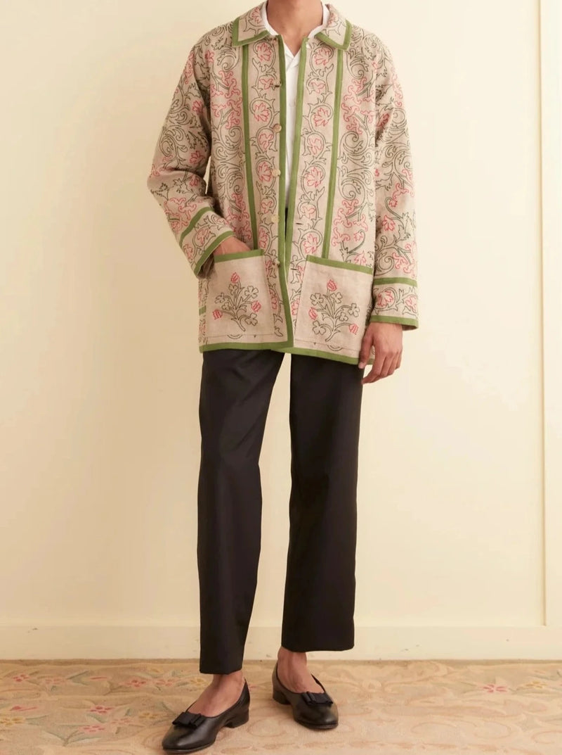 Embroidered Trumpetflower Coat - Brown Multi