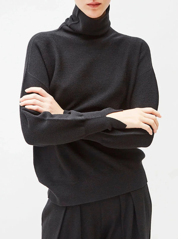 Oversize High Collar Fine Knit Top - Black