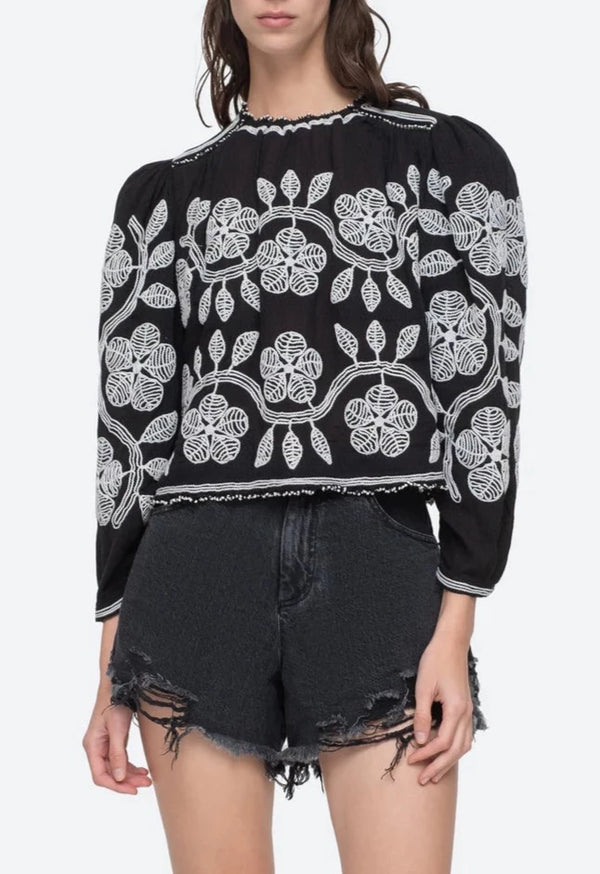 Beck Embroidery Long Sleeve Top - Black