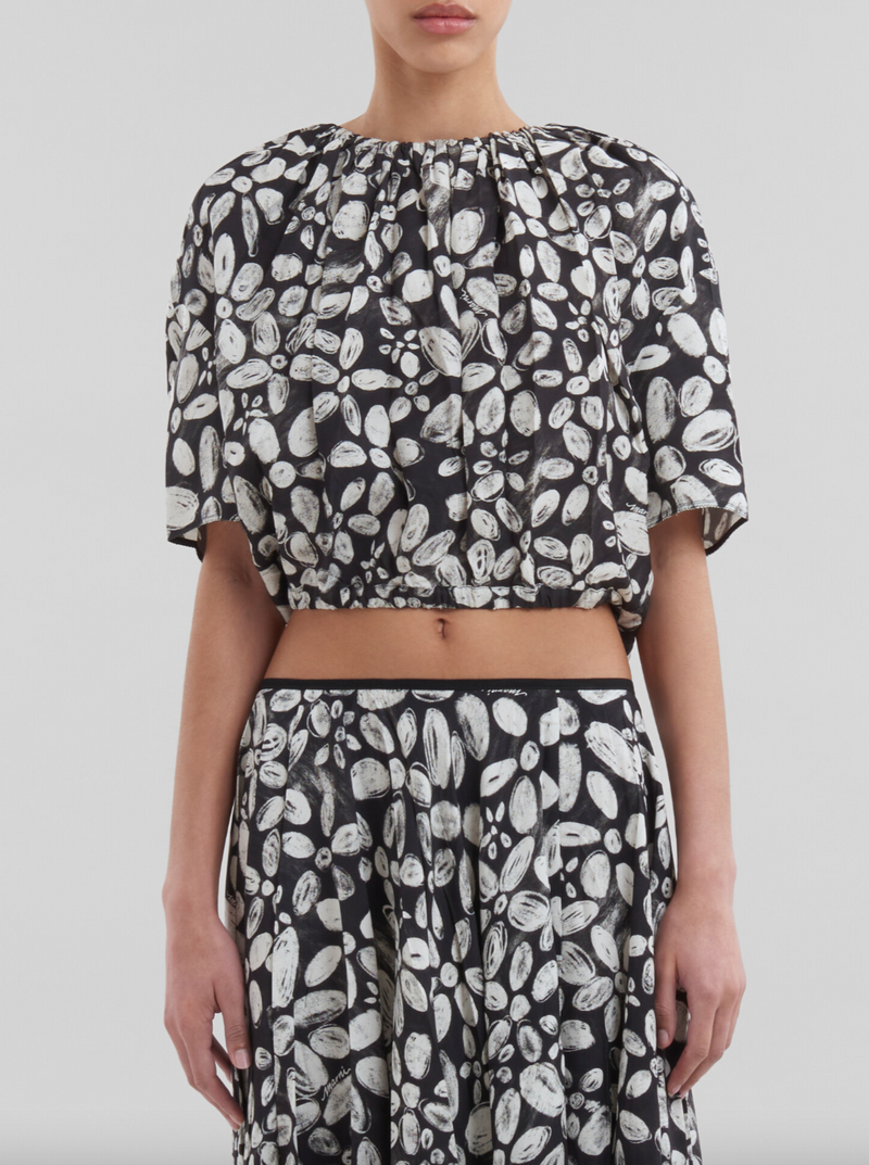 Floral Print Tie-Back Crêpe Top - Black