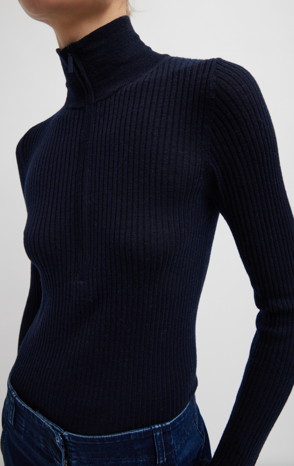 Featherweight Ribbed T-Neck Zip Up Sweater - Navy