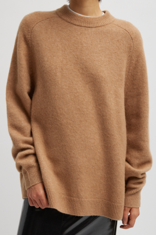 Camel Hair Knit Crewneck Oversized Pullover - Camel