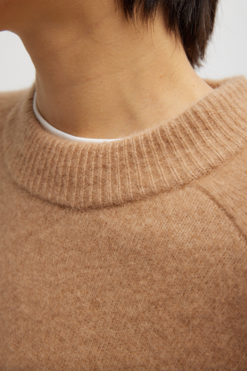 Camel Hair Knit Crewneck Oversized Pullover - Camel