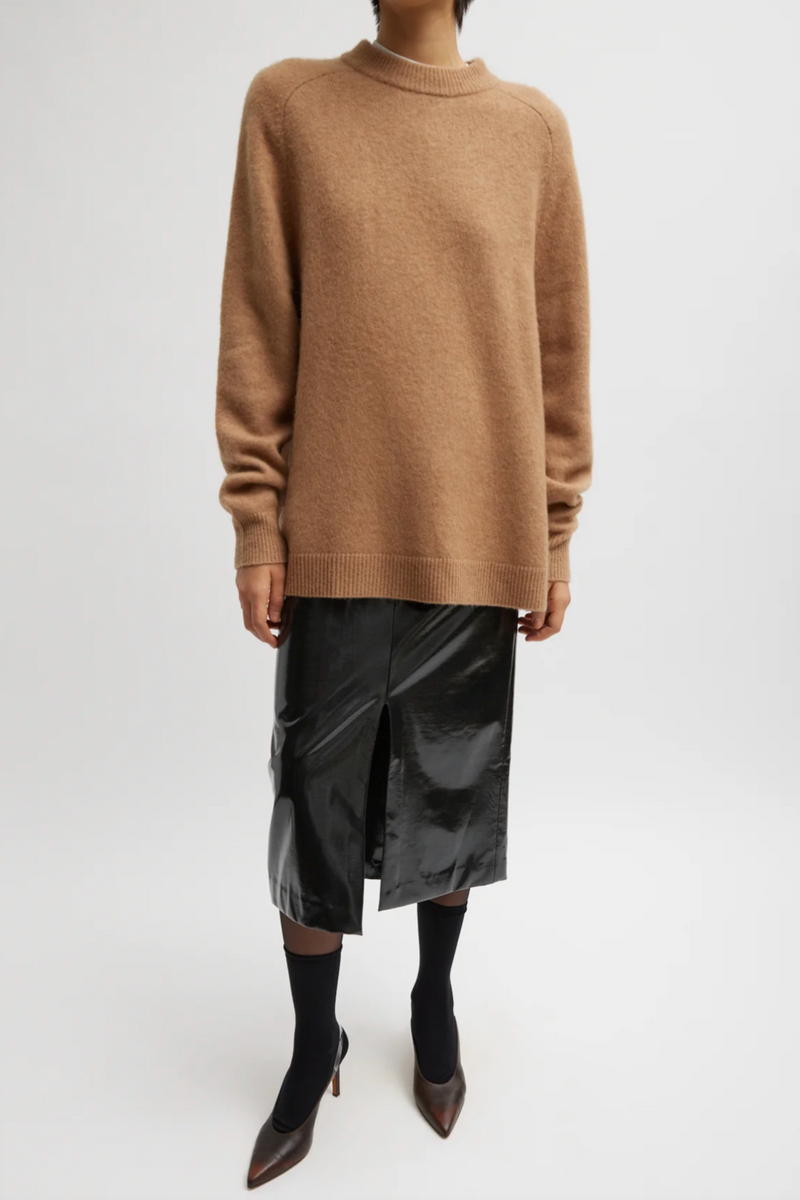 Camel Hair Knit Crewneck Oversized Pullover - Camel