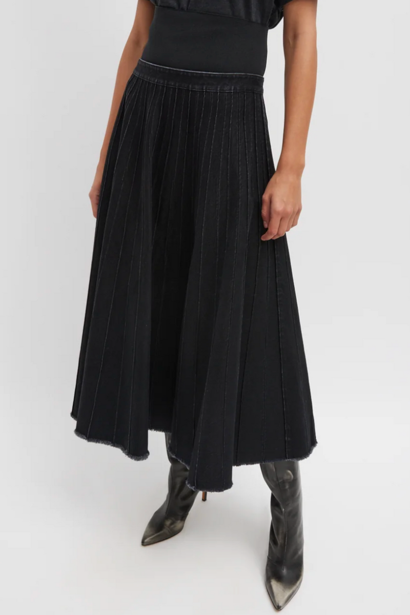 Vintage Black Denim Pintucked Denim Skirt - Black