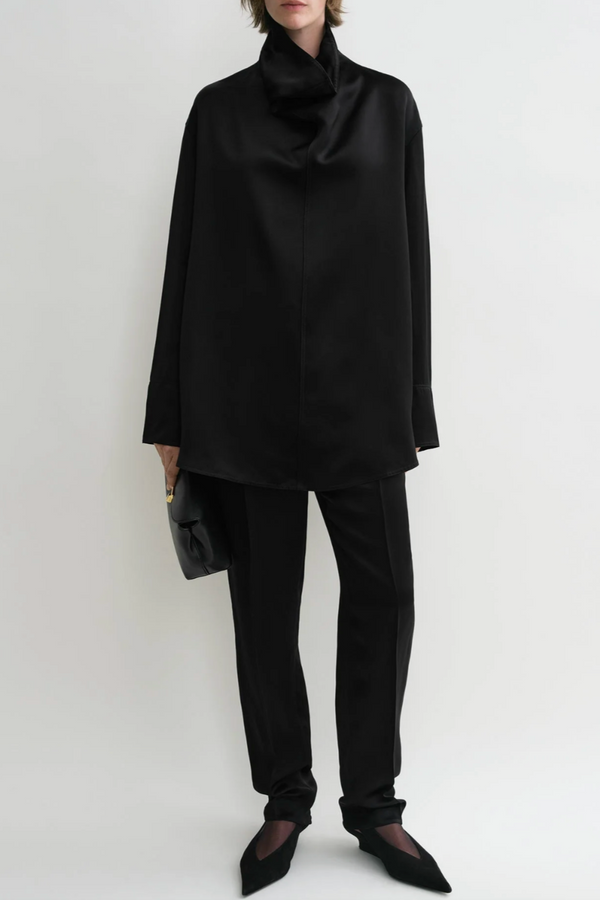 Funnel Neck Satin Blouse - Black