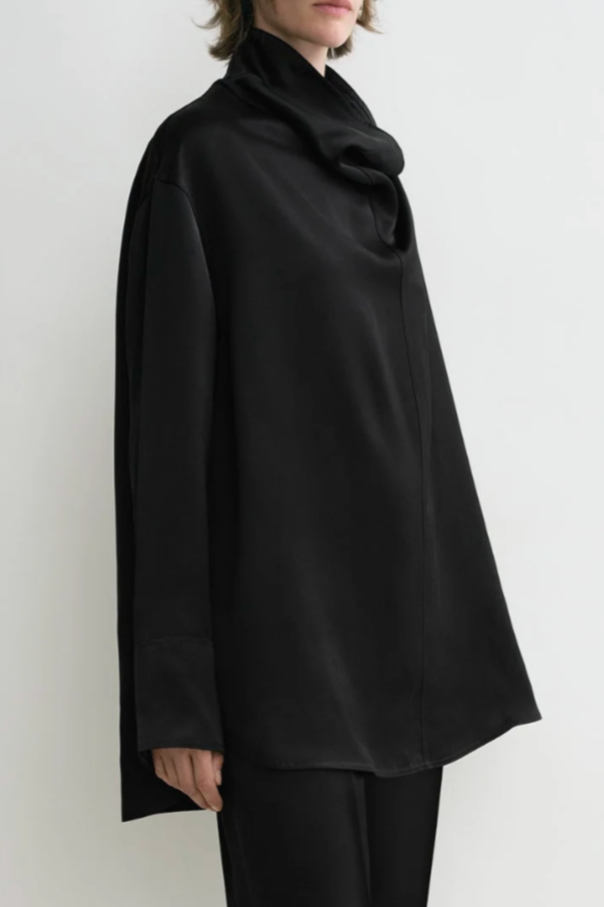 Funnel Neck Satin Blouse - Black