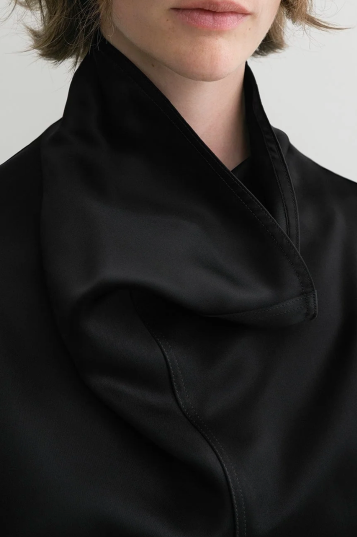 Funnel Neck Satin Blouse - Black