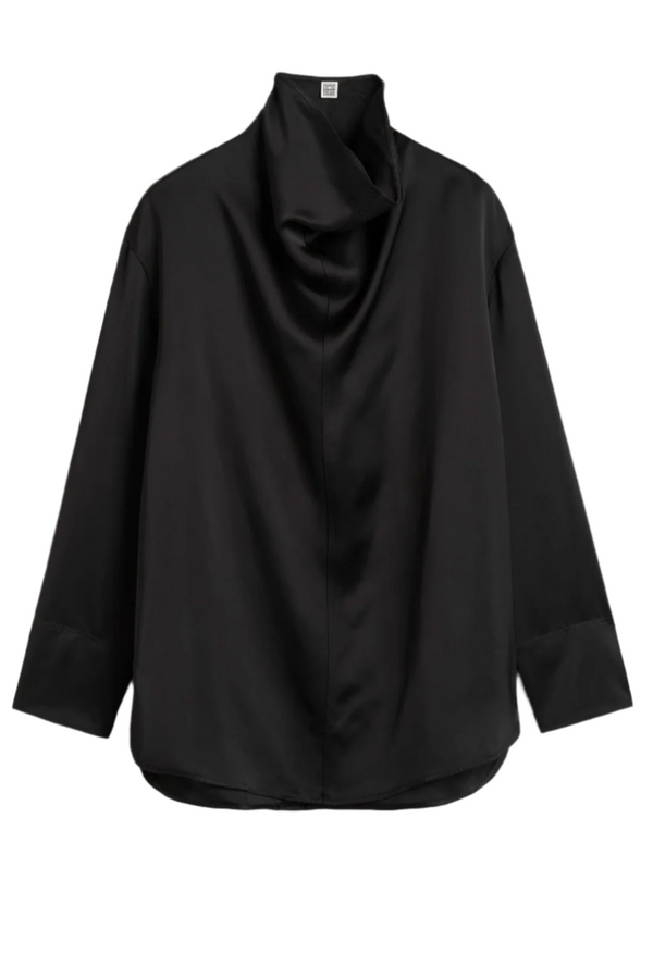 Funnel Neck Satin Blouse - Black