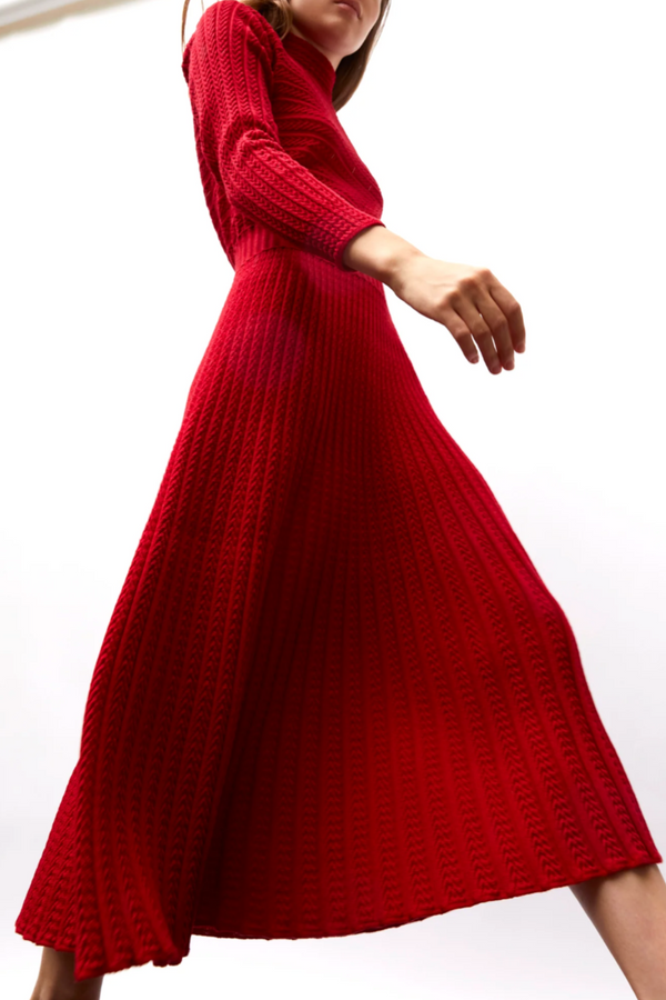 Pleated Mesh Long Dress - Varnished Red