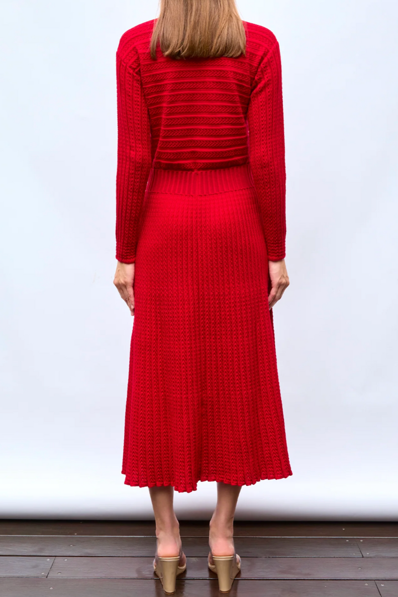 Pleated Mesh Long Dress - Varnished Red