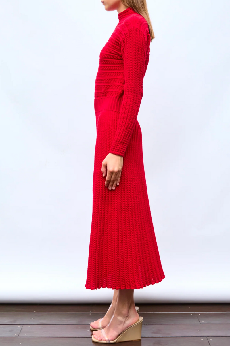 Pleated Mesh Long Dress - Varnished Red