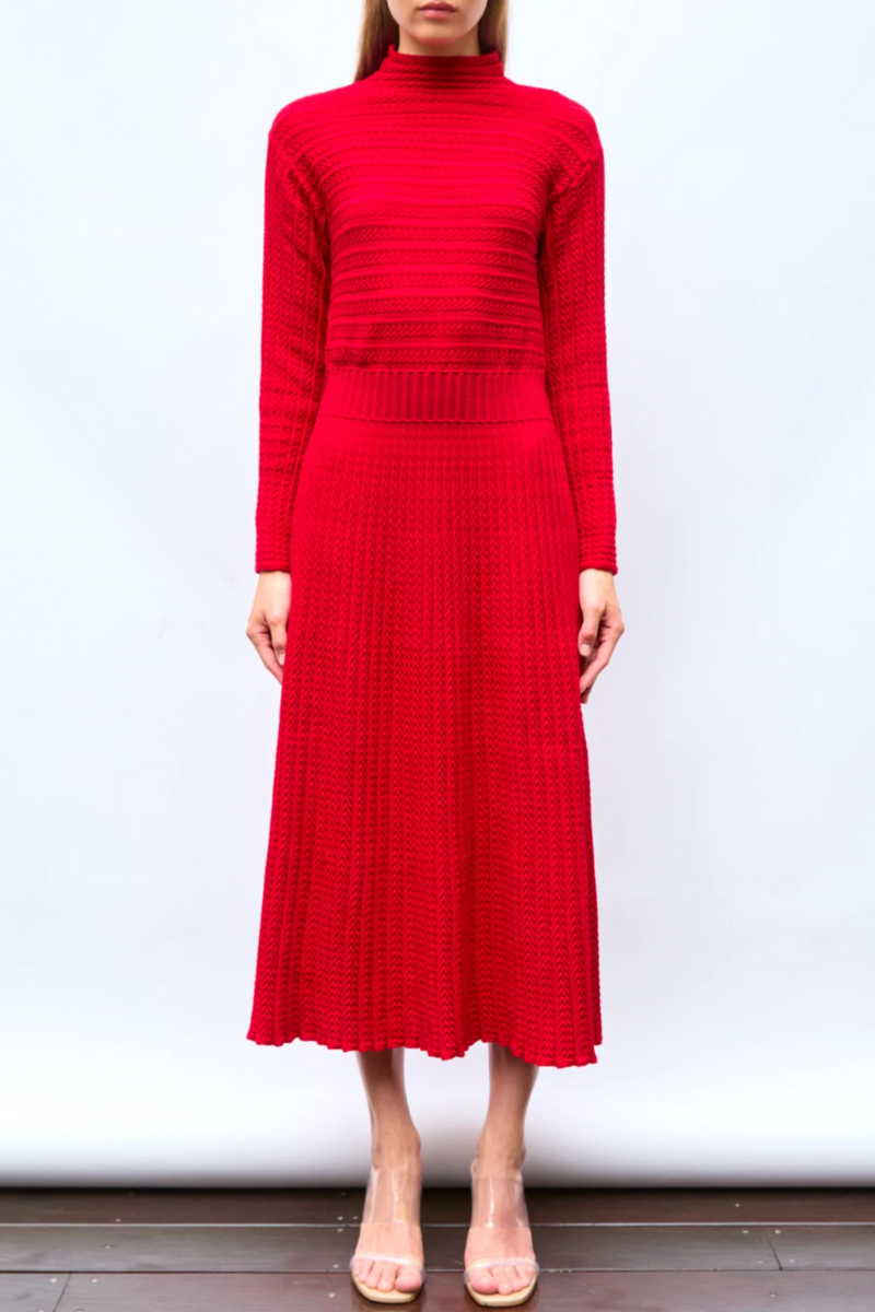 Pleated Mesh Long Dress - Varnished Red