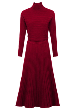 Pleated Mesh Long Dress - Varnished Red