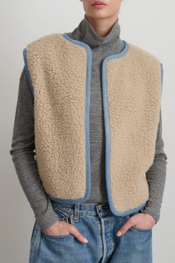 Reversible Reworked Vintage Denim and Sherpa Vest - Oatmeal