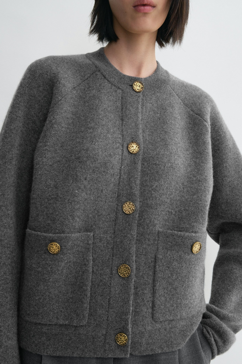 Hammered Button Cardigan - Grey Melange
