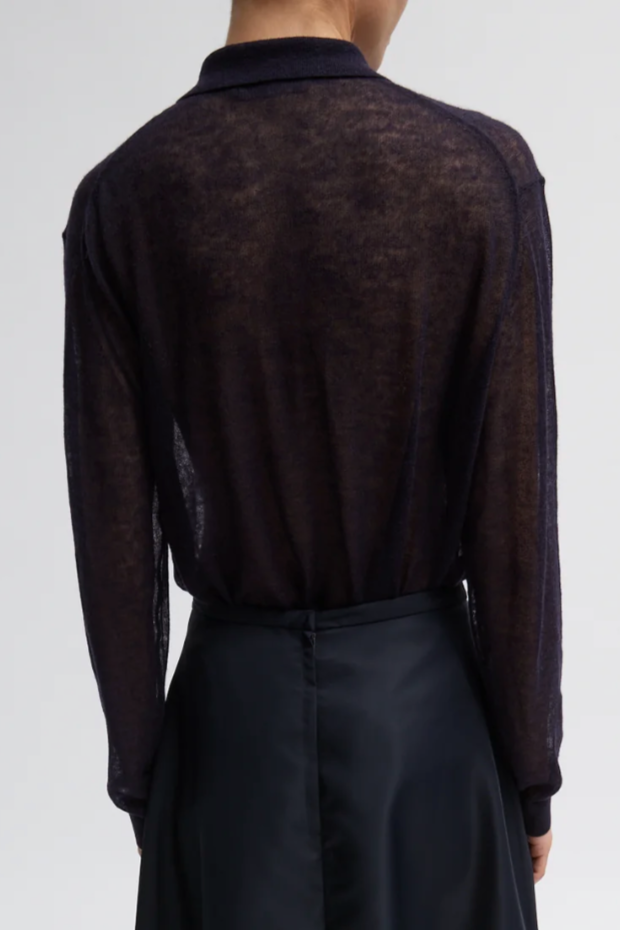 Sheer Sweater Polo Button Cardigan - Dark Navy