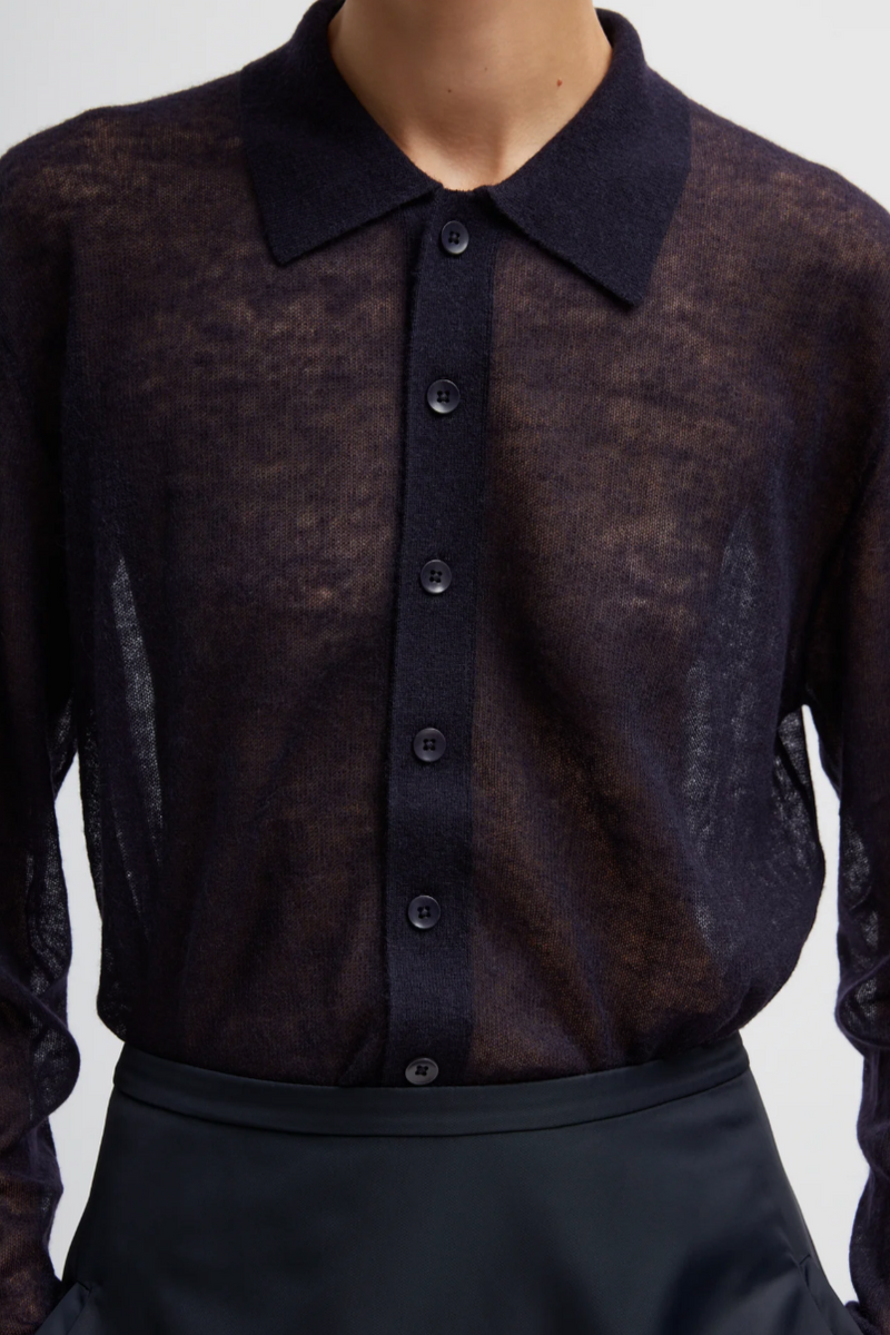 Sheer Sweater Polo Button Cardigan - Dark Navy