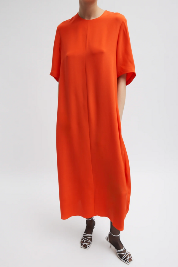 4 Ply Silk T-Shirt Dress - Red Orange