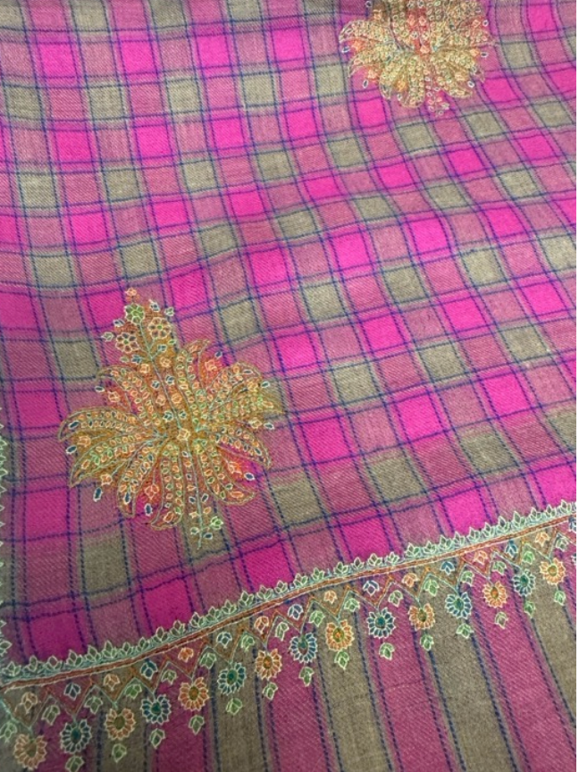 Cashmere Embroidered Shawl - Hot Pink/Beige Check