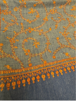 Cashmere Embroidered Shawl - Denim Blue/Marigold