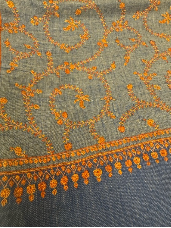 Cashmere Embroidered Shawl - Denim Blue/Marigold