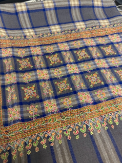 Cashmere Embroidered Shawl - Blue Check