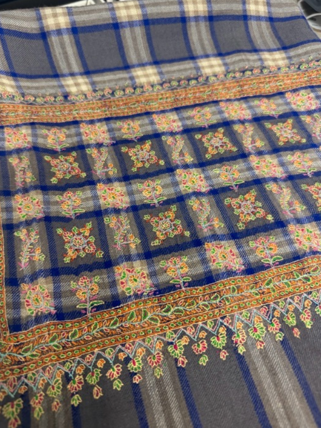 Cashmere Embroidered Shawl - Blue Check