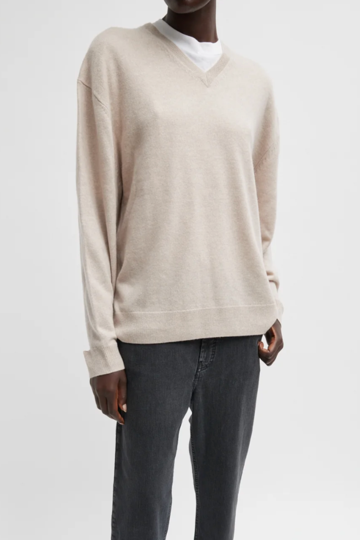 Washable Cashmere Easy V Neck Sweater - Oatmeal