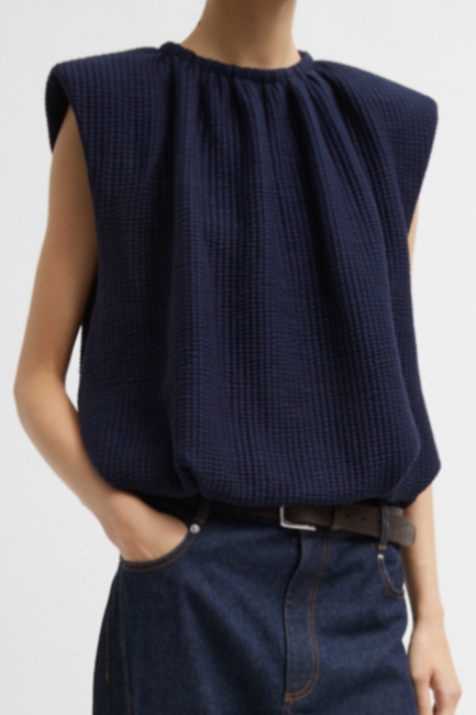 Quilted Waffle Shirred Neck Top - Dark Navy