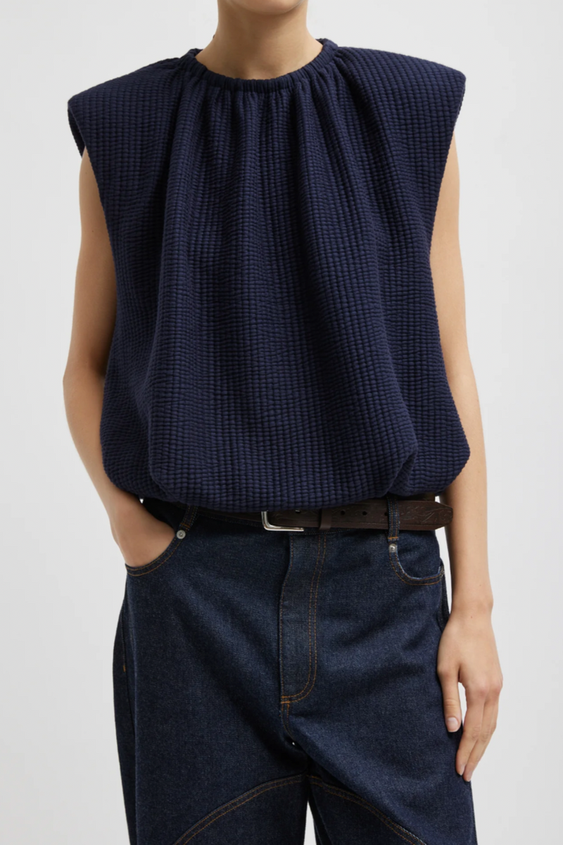 Quilted Waffle Shirred Neck Top - Dark Navy