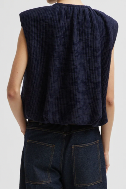 Quilted Waffle Shirred Neck Top - Dark Navy